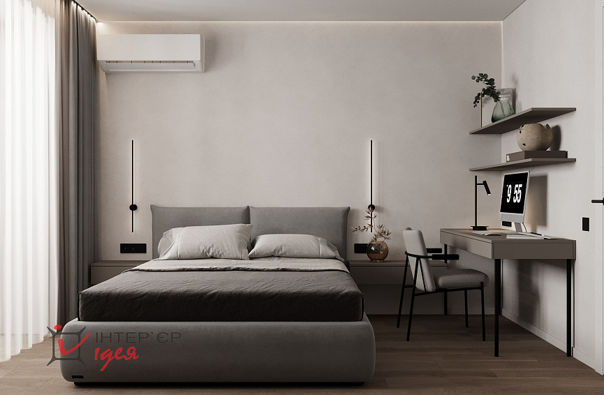 Мінімалістична спальня з робочим місцем в ЖК «Парковий квартал»