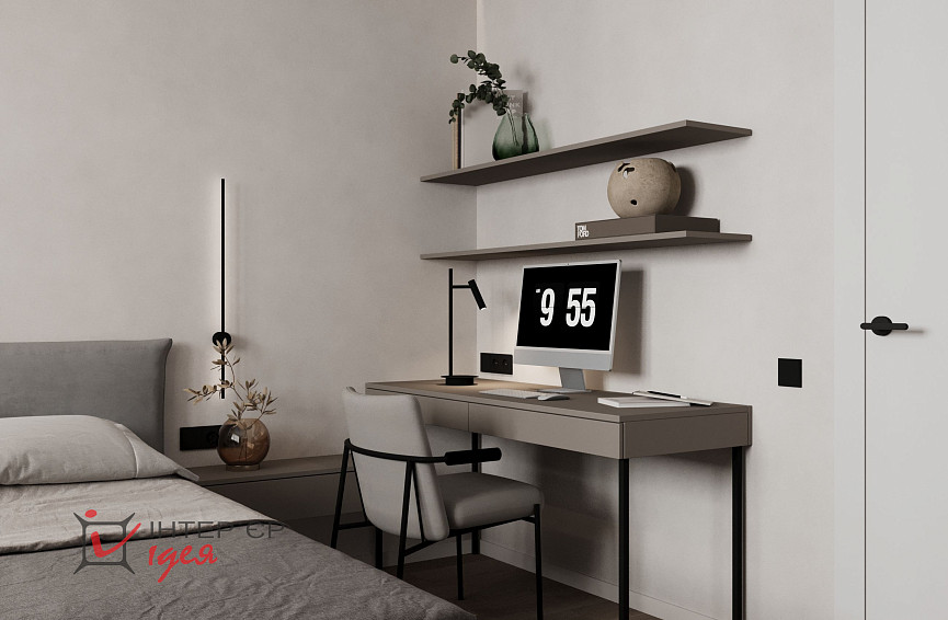 Мінімалістична спальня з робочим місцем в ЖК «Парковий квартал»