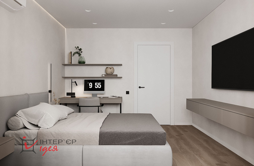 Мінімалістична спальня з робочим місцем в ЖК «Парковий квартал»