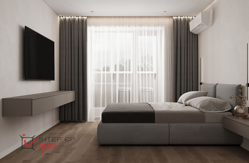 Мінімалістична спальня з робочим місцем в ЖК «Парковий квартал»