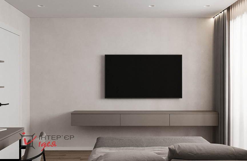 Мінімалістична спальня з робочим місцем в ЖК «Парковий квартал»